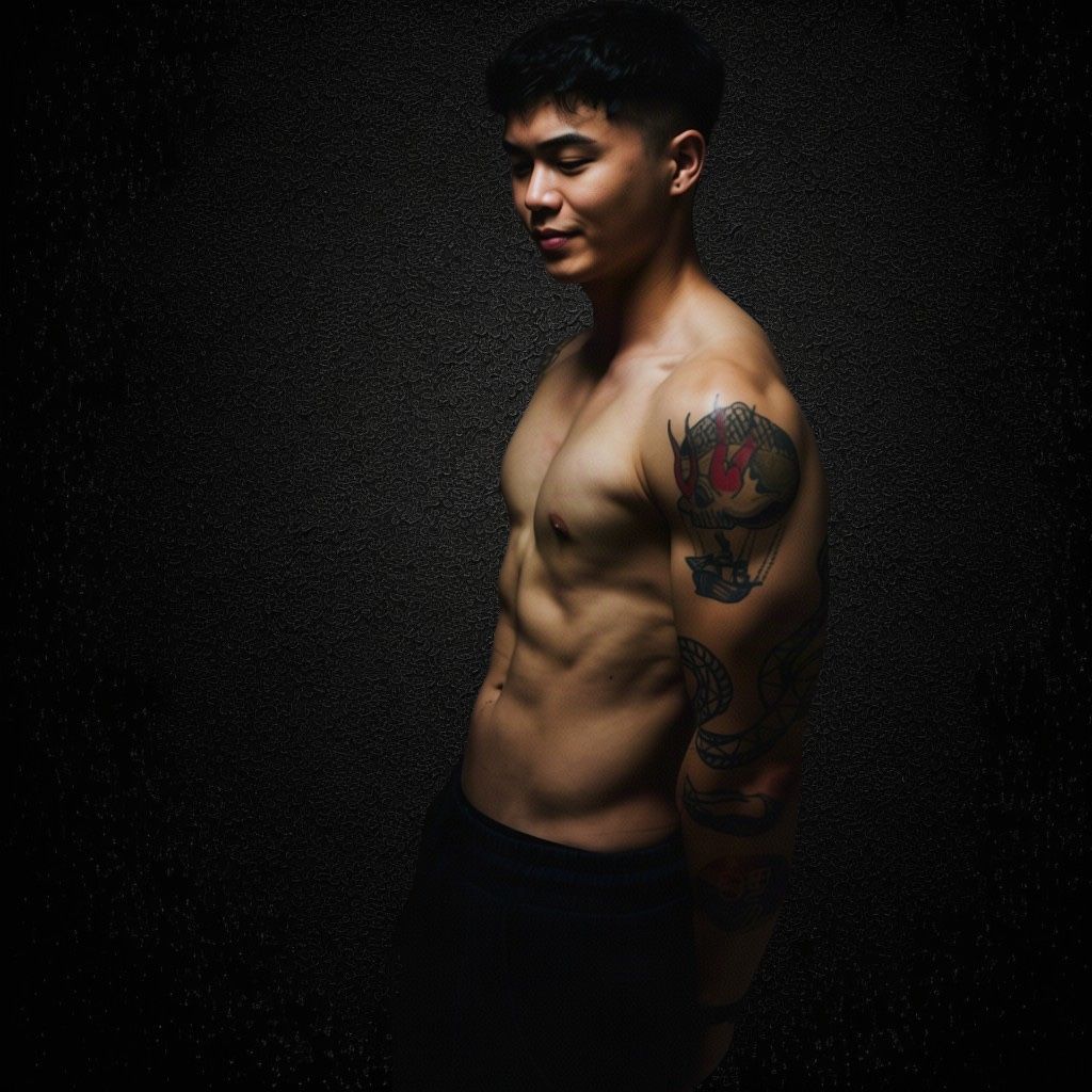 Fred, side on against a dark wall, tattooed arm, looking down.